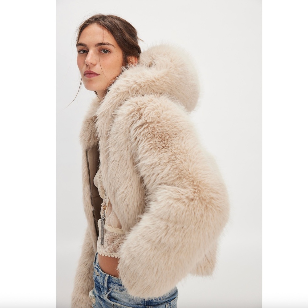 Free People Louder Please Hooded Faux Fur Jacket